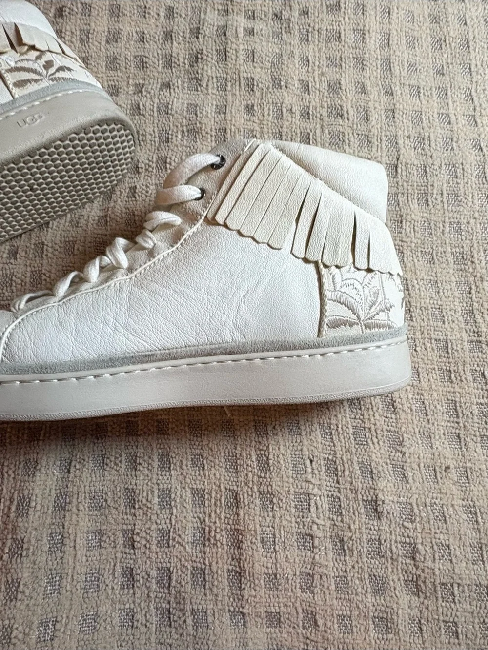 UGG Cream Leather High-Top Sneakers with Fringe